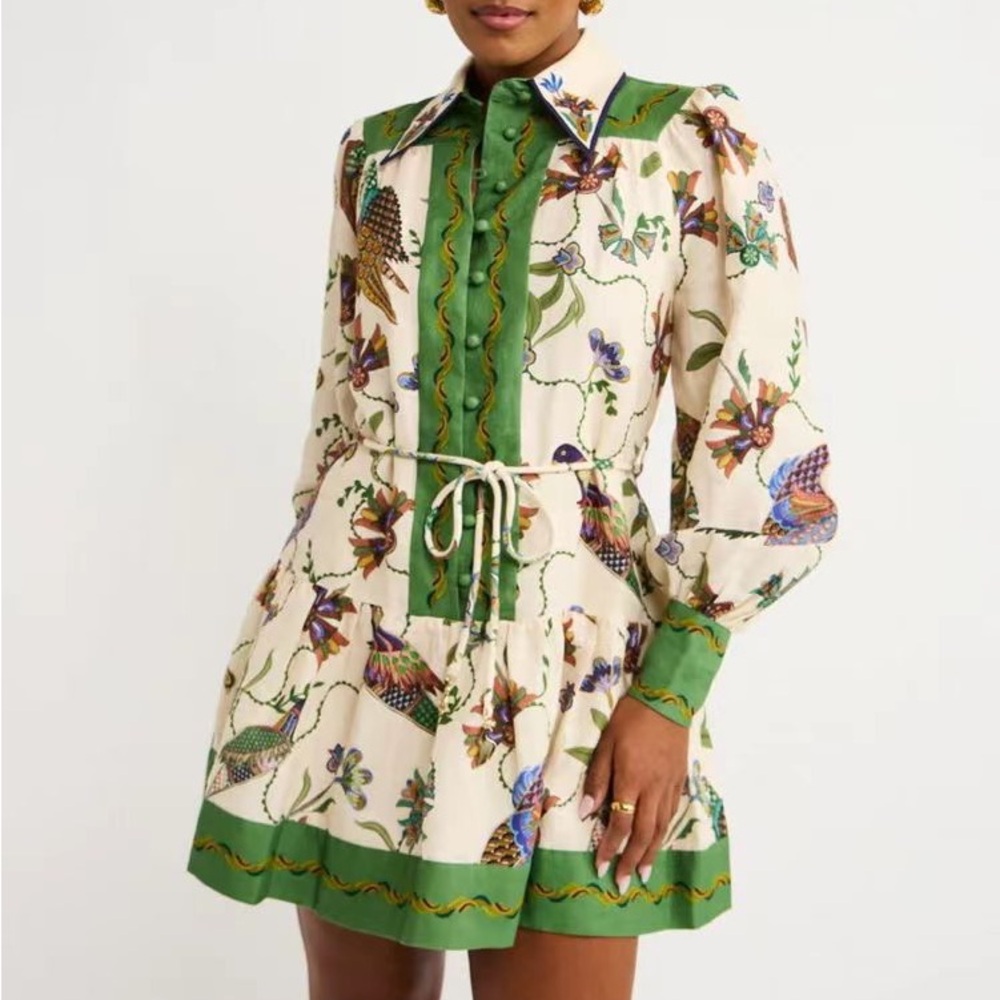 Zimmermann Cream Floral Mini Dress with Green Trim and Tie Waist - Picture 1 of 5